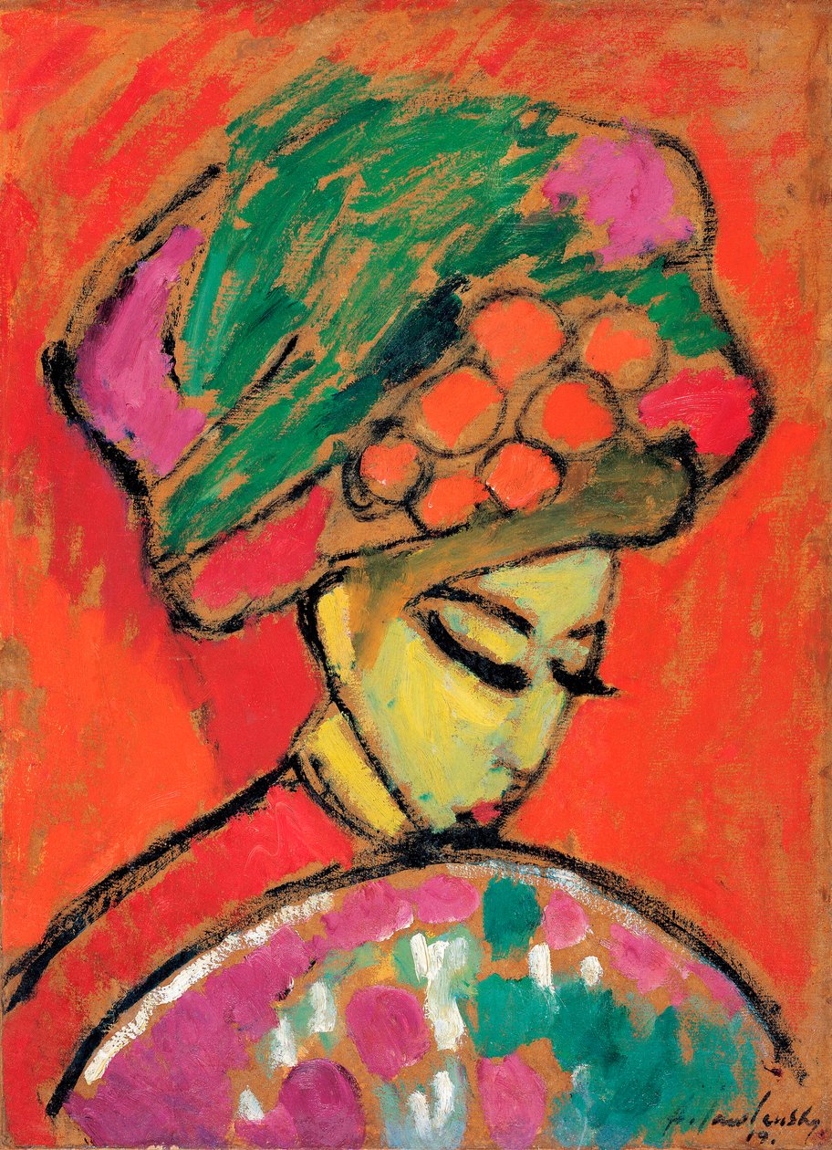 فتاة شابة ذات قبعة مزهرة - رسم أليكسي فون جافلينسكي (1864-1941) زيت على ورق مقوى ، 67.5 × 49 سم بواسطة Alexej von Jawlensky