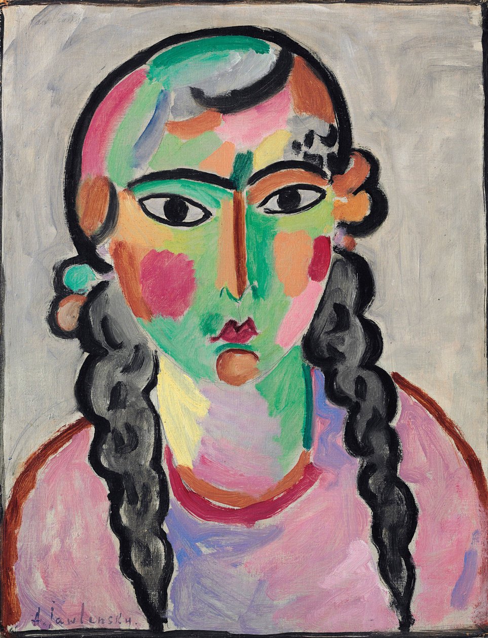 La fille pale aux tresses grises - The Pale Girl with Grey Pigtails ، بقلم Alexej von Jawlensky (Javlensky) (1864-1941). زيت على ورق ، ج. ١٩١٦. الأبعاد: ٦٣ ٫ ٥ × ٤٩ ٫ ٥ سم. مجموعة خاصة بواسطة Alexej von Jawlensky