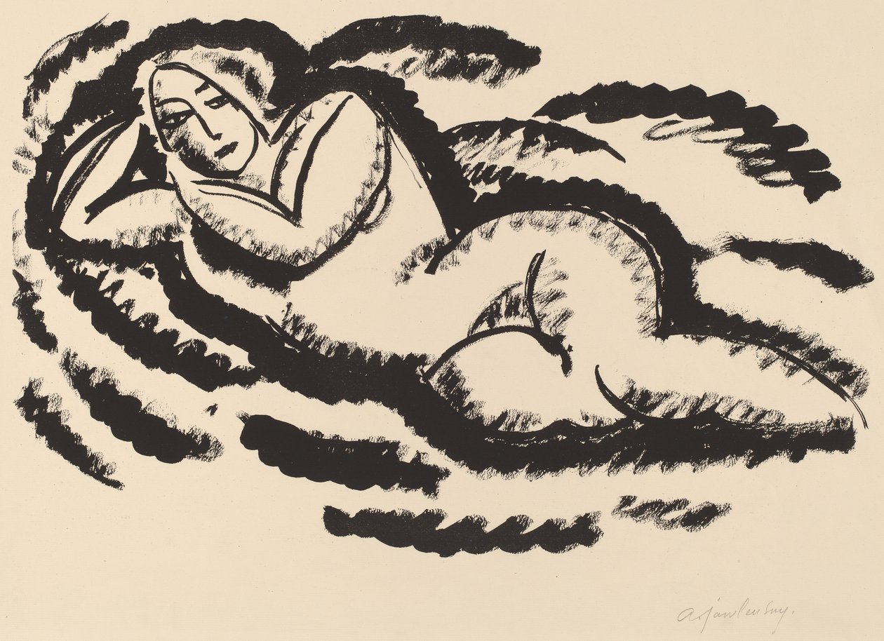 مستلق عاري ، ج .1912 (الطباعة الحجرية باللون الأسود على الورق المدبب) بواسطة Alexej von Jawlensky