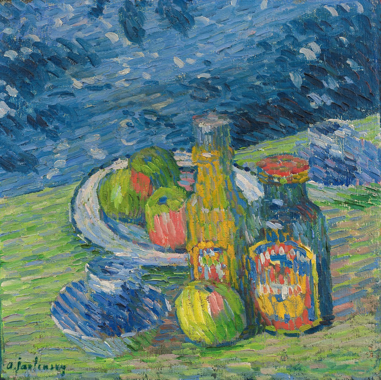 لا تزال الحياة مع الزجاجات والفاكهة بواسطة Alexej von Jawlensky
