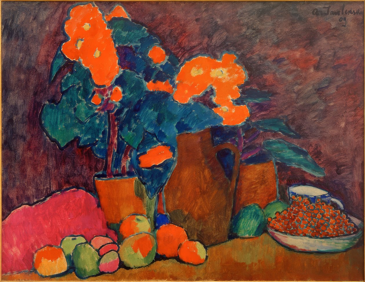 لا تزال الحياة مع الزهور والفواكه والزجاجة بواسطة Alexej von Jawlensky