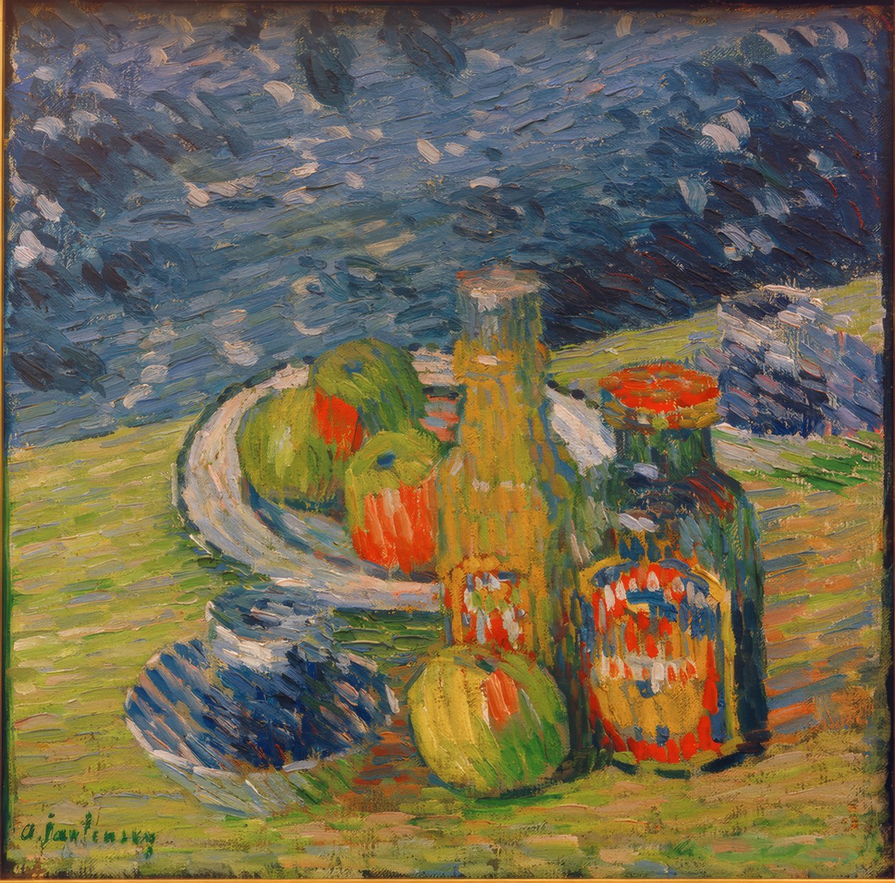 لا تزال الحياة مع زجاجات ووعاء من الفاكهة وكوب بواسطة Alexej von Jawlensky