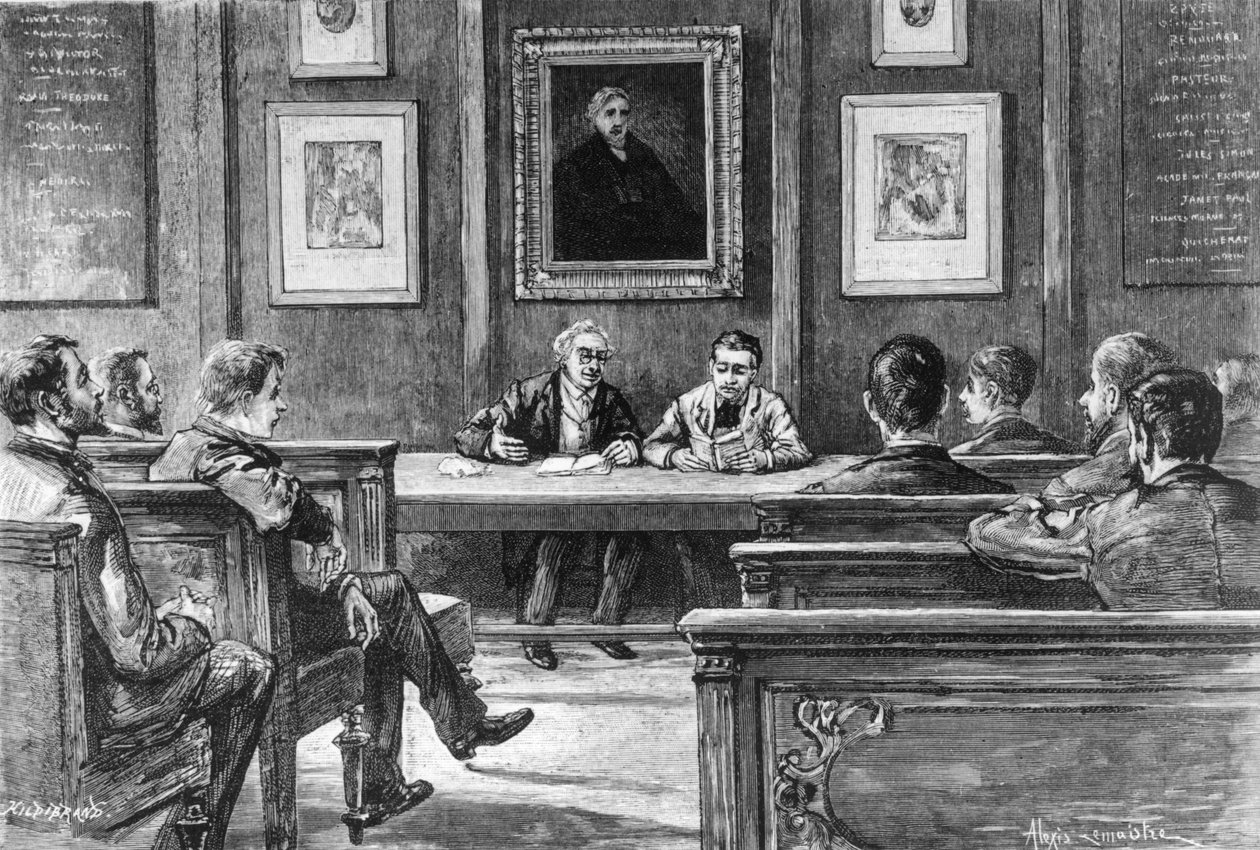 درس نطق الكلام في المدرسة الثانوية في باريس ، من Nos Grandes Ecoles by Louis Rousselet، Hachette، Paris، 1888 (bw photo) بواسطة الكسيس لوميستر