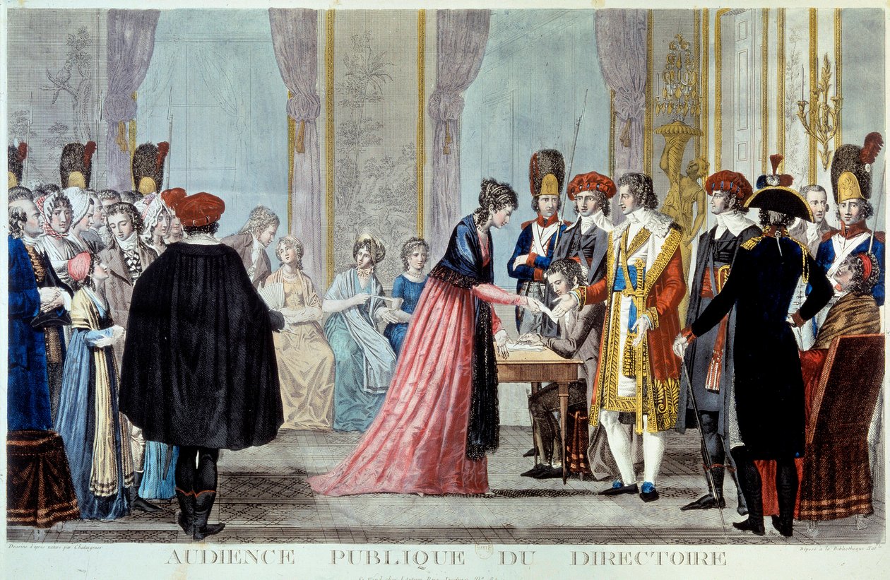 جلسة استماع علنية للمجلس التنفيذي (1795-1798) يأتي الجمهور لتقديم طلباتهم أو شكاواهم أمام ممثل الولاية. نقش أليكسيس شاتينييه (1772-1817) 1795. باريس ، ب. بواسطة موقع الدردشة الكسيس