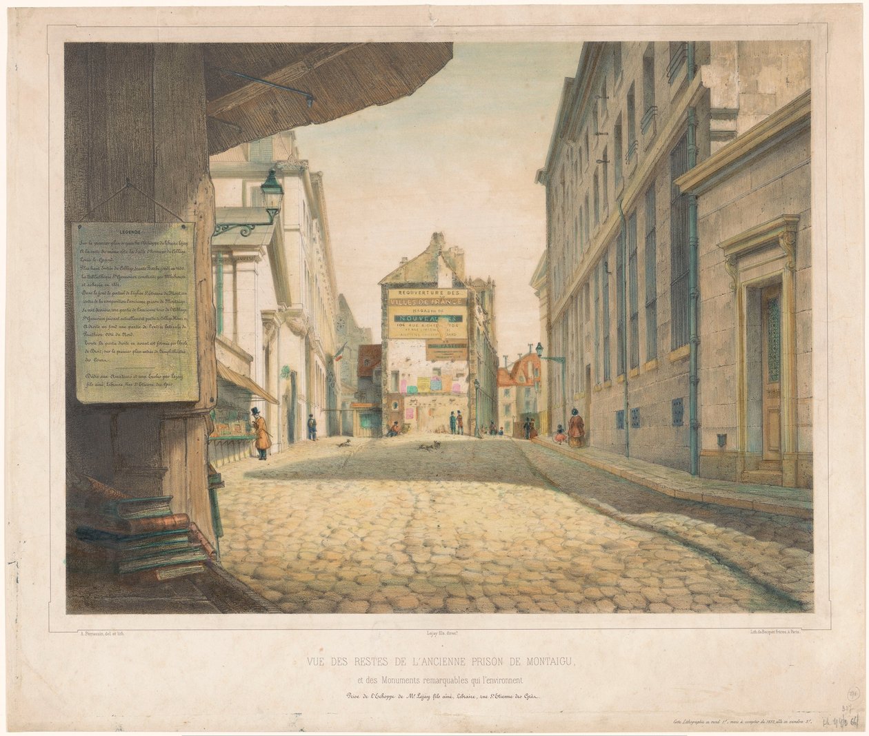 Gezicht op de Rue Saint-Étienne-des-Grès te Paris منظر لبقايا سجن مونتايجو السابق ، والآثار الرائعة التي تحيط به (العنوان على الجسم) بواسطة الكسيس بيراسيني