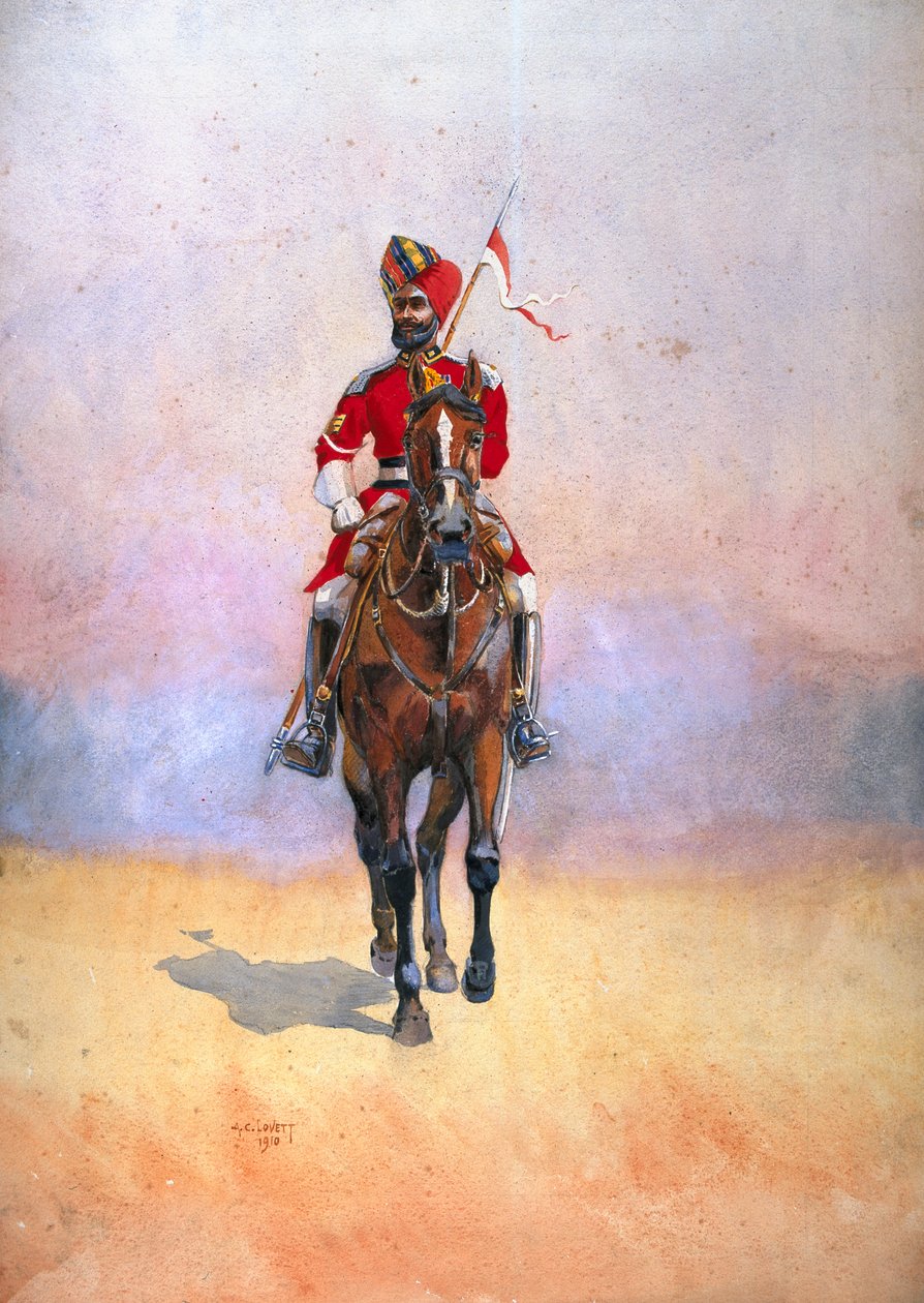 الحارس الشخصي للحاكم ، بومباي ، مسلمان راجبوت ، رسم توضيحي لـ "جيوش الهند" للرائد جي إف ماكمون ، نُشر عام 1911 ، 1910 بواسطة ألفريد كرودي لوفيت