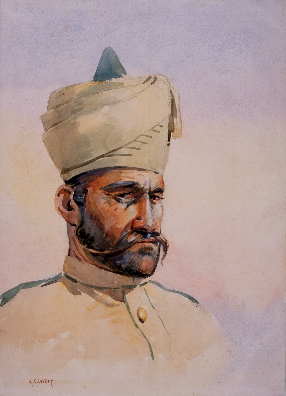 جندي من باتان الأربعين ، مالكدين خيل (أفريدي) ، رسم توضيحي لـ "جيوش الهند" للرائد جي إف ماكمون ، نُشر عام 1911 ، 1908 بواسطة ألفريد كرودي لوفيت