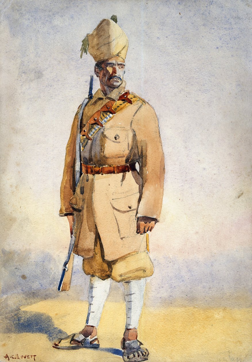 جندي بنادق خيبر ، رسم توضيحي لـ "جيوش الهند" للرائد جي إف ماكمون ، نُشر عام 1911 ، 1908 بواسطة ألفريد كرودي لوفيت