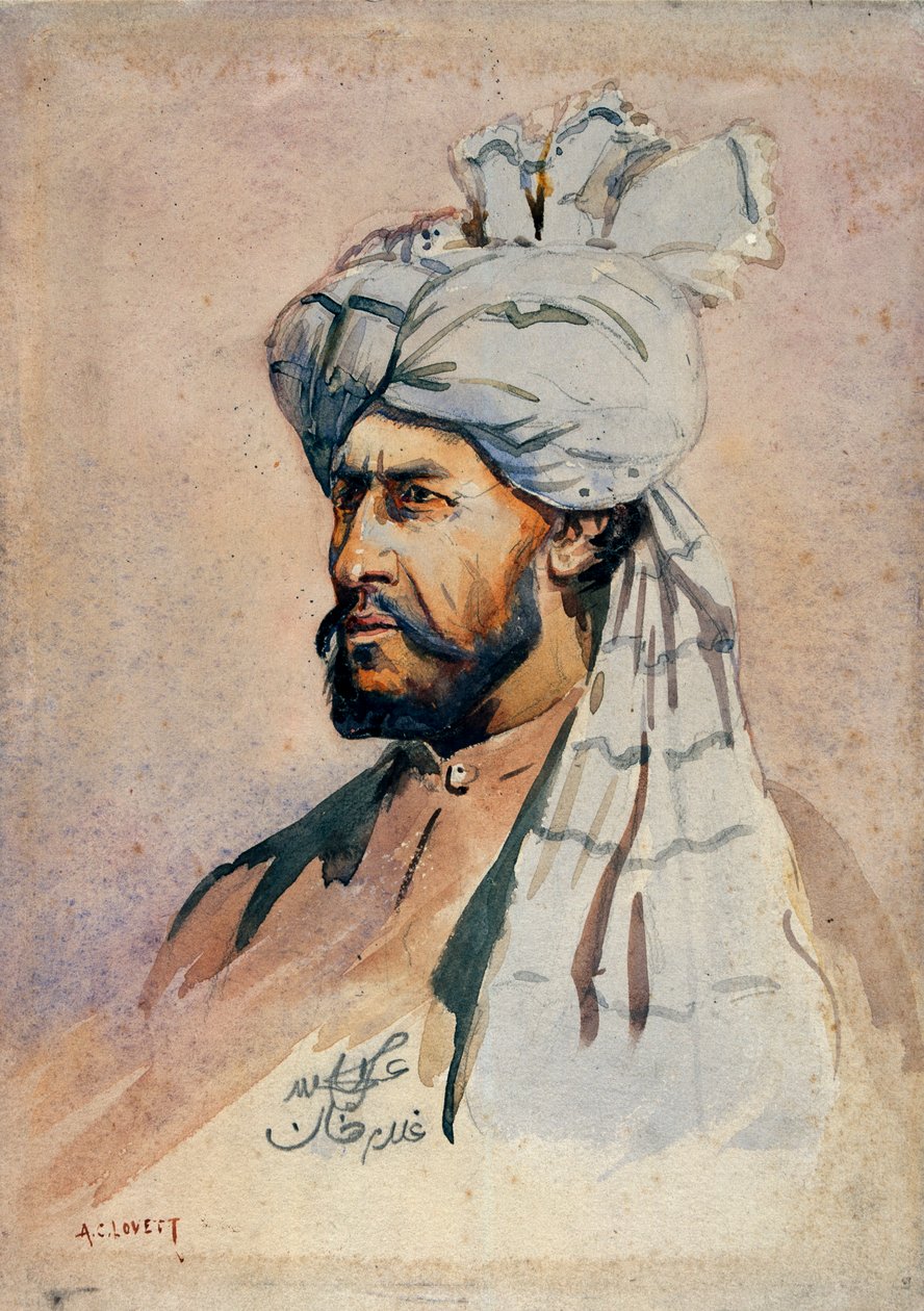 جندي من ميليشيا كورام ، خارج الزي الرسمي ، رسم توضيحي لـ "جيوش الهند" للرائد جي إف ماكمون ، نُشر عام 1911 ، 1908 بواسطة ألفريد كرودي لوفيت