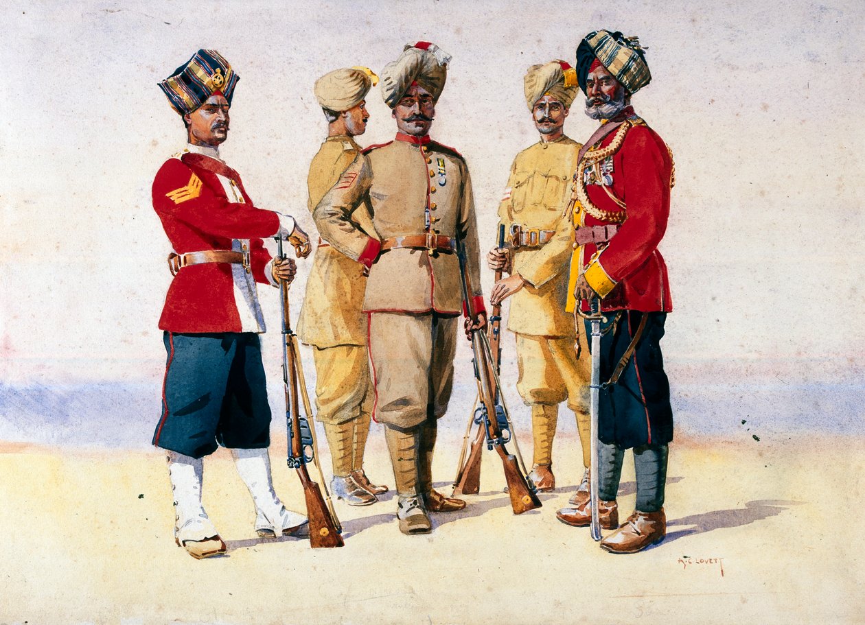 جنود أفواج مختلفة ، رسم توضيحي لـ "جيوش الهند" للرائد جي إف ماكمون ، نُشر عام 1911 ، 1908 بواسطة ألفريد كرودي لوفيت