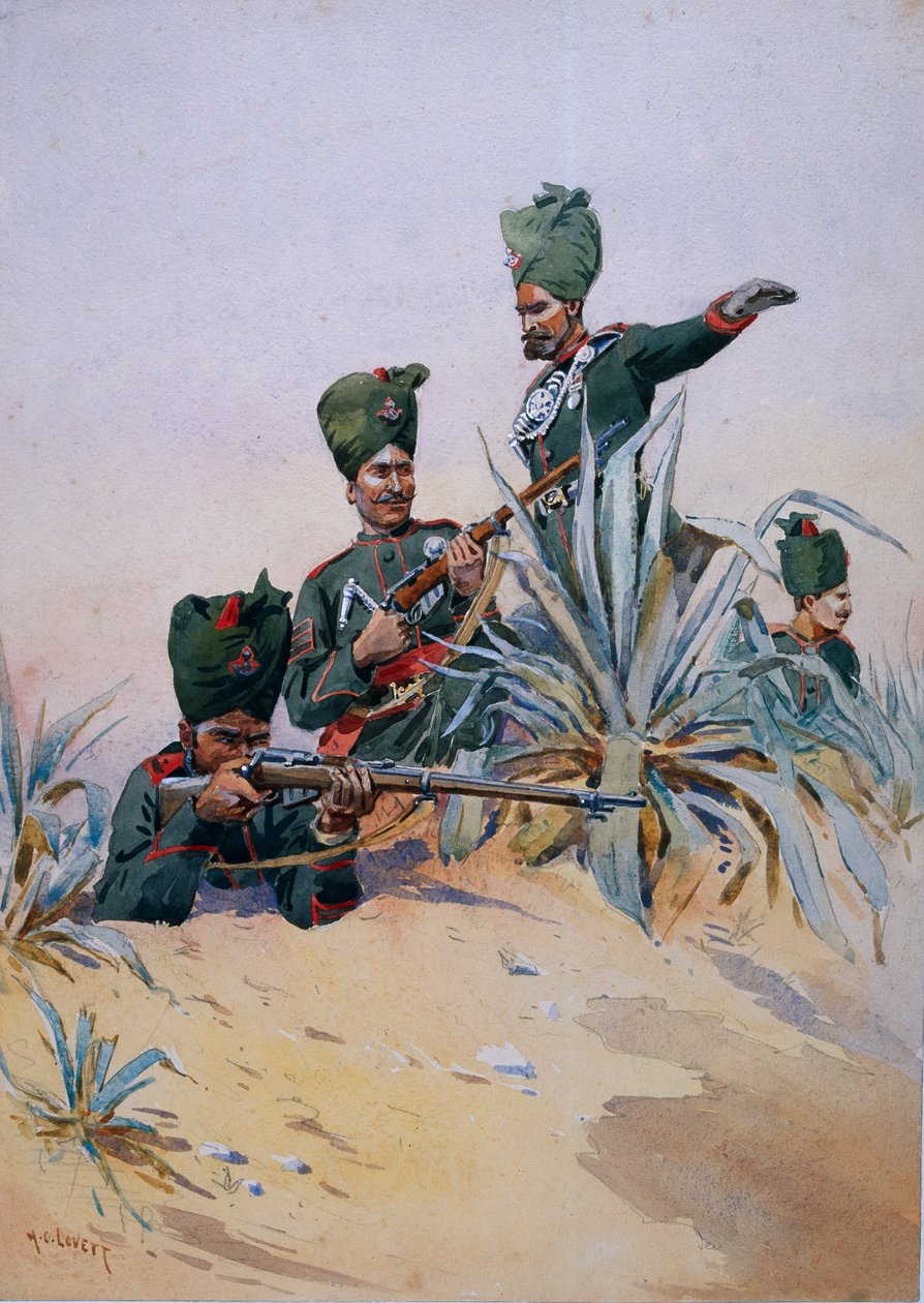 جنود بنادق نابير 125 ، رسم توضيحي من "جيوش الهند" للرائد جي إف ماكمون ، نُشر عام 1911 ، 1908 بواسطة ألفريد كرودي لوفيت