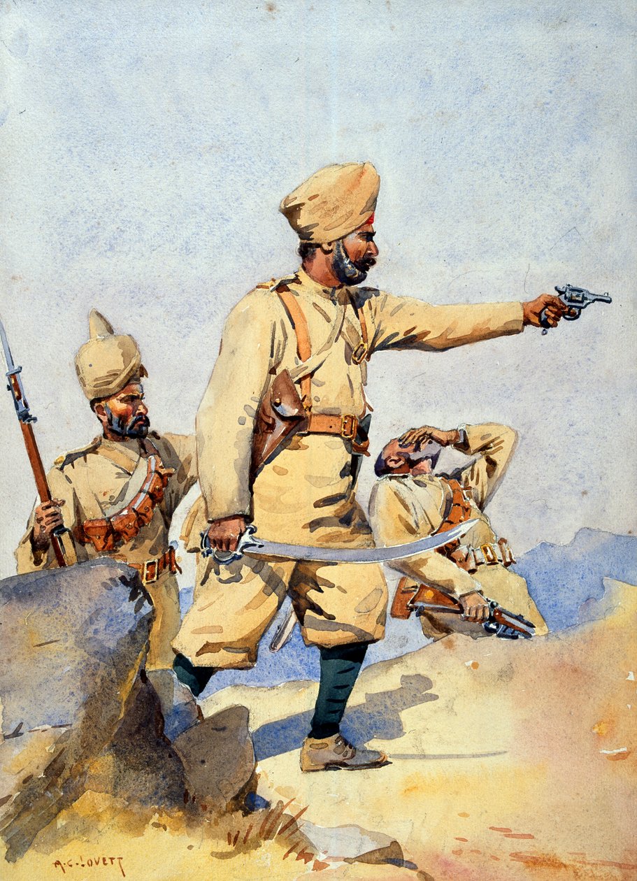 جنود البنجاب الرابع والعشرون مالكين خيل (أفريدي) وسوبادار ، جاي سيخ ، رسم توضيحي لـ "جيوش الهند" للرائد جي إف ماكمون ، نُشر في عام 1911 ، 1908 بواسطة ألفريد كرودي لوفيت