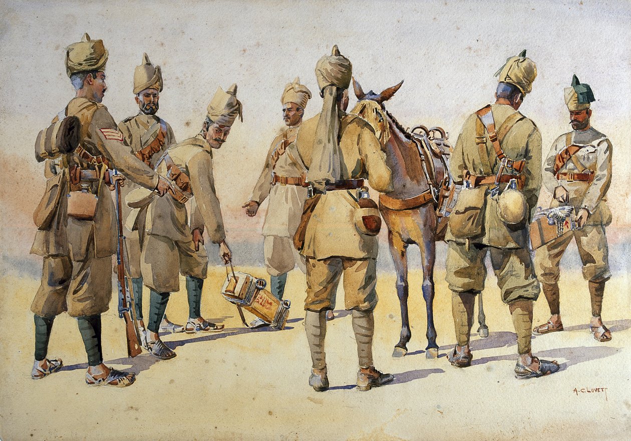 جنود البنجاب 46 و 33 ، رسم توضيحي لـ "جيوش الهند" للرائد جي إف ماكمون ، نُشر عام 1911 ، 1908 بواسطة ألفريد كرودي لوفيت