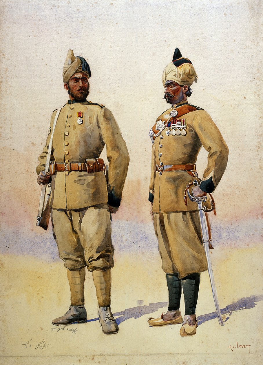 جنود قوات الحدود ، صورة توضيحية من "جيوش الهند" للرائد جي إف ماكمون ، نُشر عام 1911 ، 1908 بواسطة ألفريد كرودي لوفيت