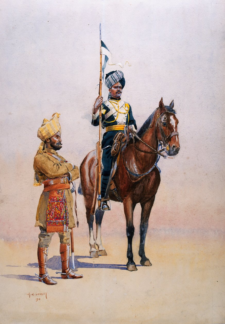 جنود فيلق النقل في ميسور ، توضيح من "جيوش الهند" للرائد جي إف ماكمون ، نُشر عام 1911 ، 1910 بواسطة ألفريد كرودي لوفيت