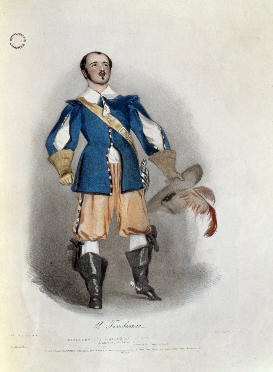 أنطونيو تامبوريني (1800-76) مثل ريكاردو في "I Puritani" ، من "ذكريات الأوبرا الإيطالية" ، الذي نقشه ريتشارد جيمس لين (1800-72) ، 1836 بواسطة ألفريد إدوارد شالون