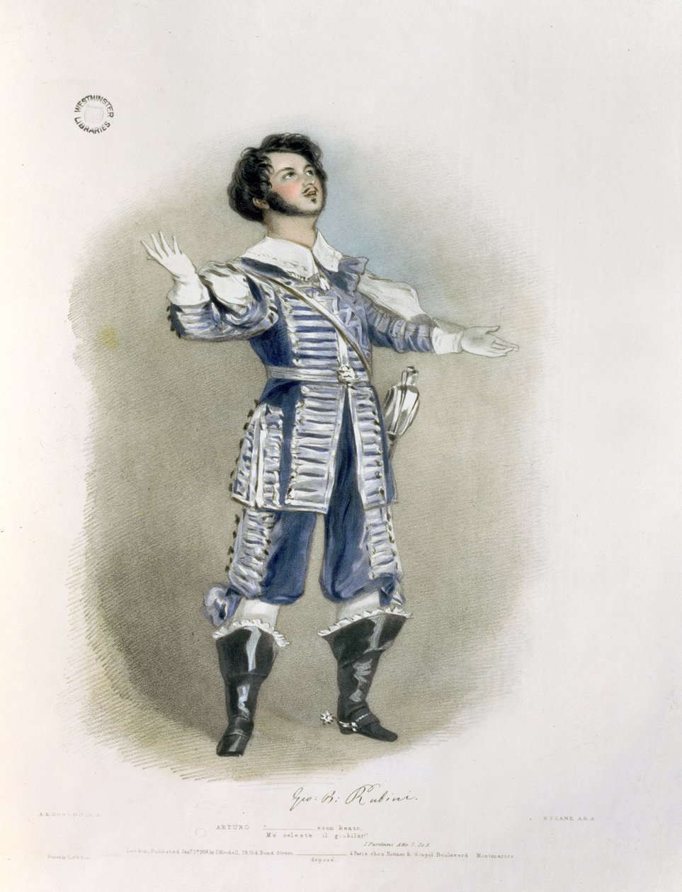 جيوفاني باتيستا روبيني (1794-1854) مثل أرتورو في "أنا بيوريتاني" ، من "ذكريات الأوبرا الإيطالية" ، نقشها ريتشارد جيمس لين (1800-72) ، 1836 (انظر 123980 للإثبات) بواسطة ألفريد إدوارد شالون