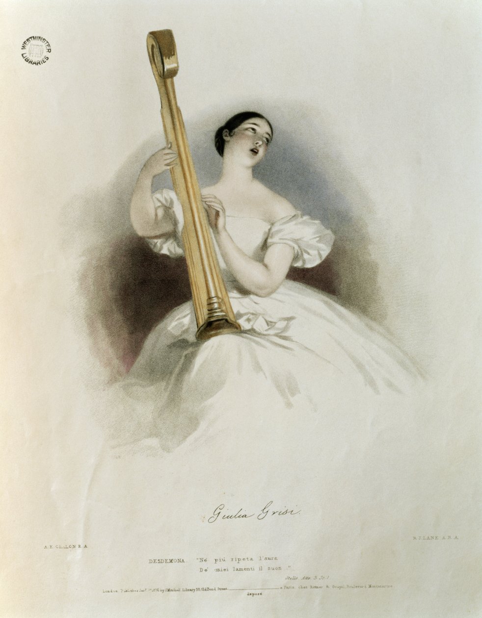جوليا غريسي (1811-69) بدور Desdemona في "Otello" ، من "ذكريات الأوبرا الإيطالية" ، نقشها ريتشارد جيمس لين (1800-72) 1836 بواسطة ألفريد إدوارد شالون