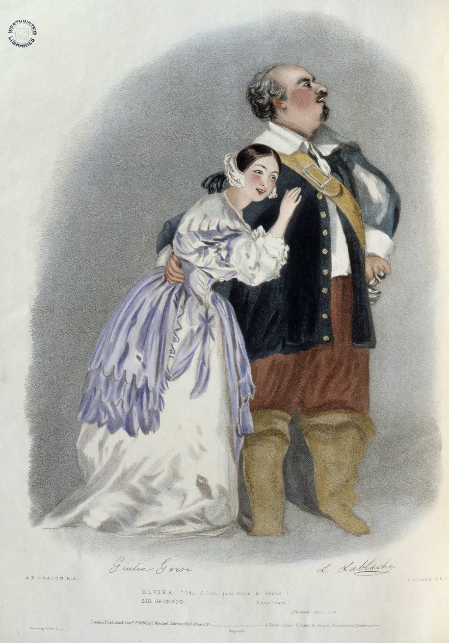 جوليا غريسي (1811-69) مثل Elvira و Luigi Lablache (1794-1858) مثل السير جورج والتون في "I Puritani" ، من "ذكريات الأوبرا الإيطالية" ، نقشها ريتشارد جيمس لين (1800-72) 1836 (اللون l بواسطة ألفريد إدوارد شالون