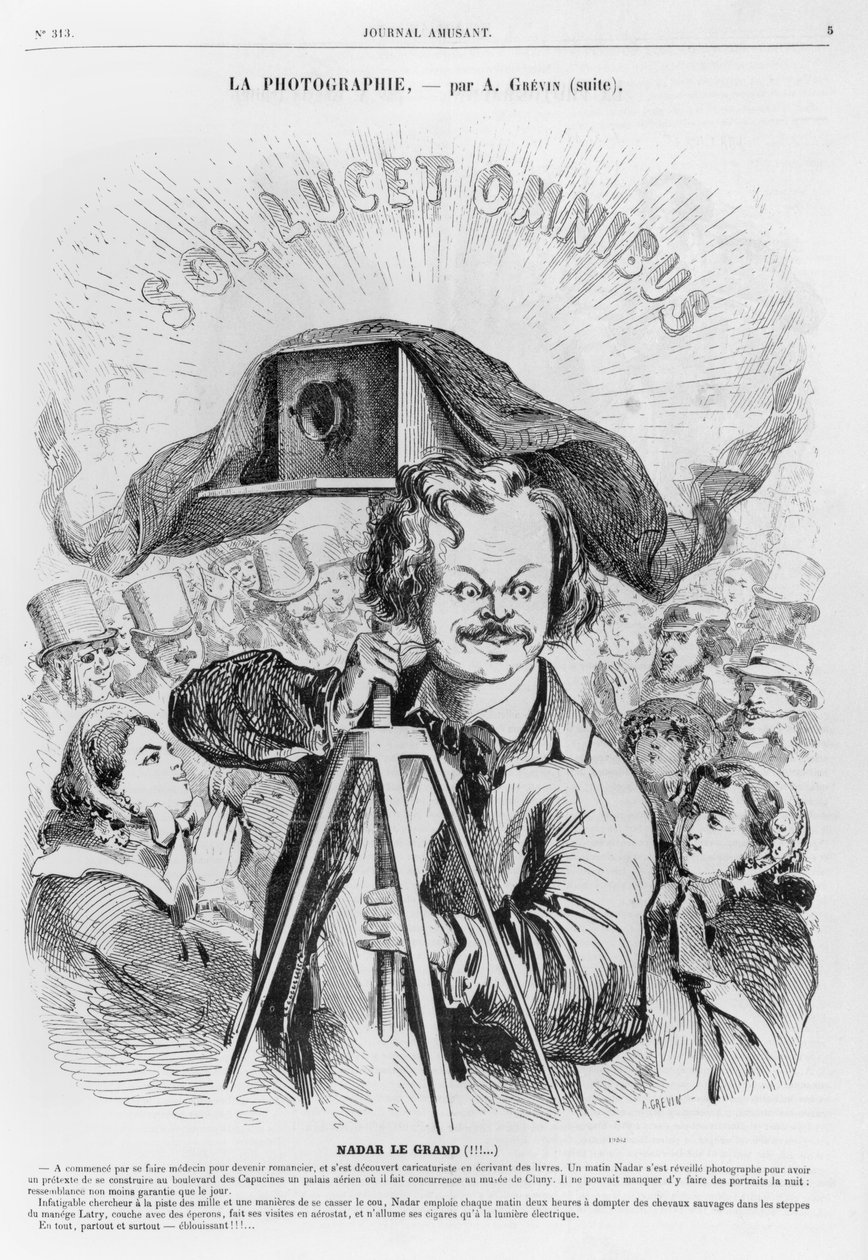 "La Photographie، Nadar (1820-1910) le grand (!!! ...") ، كاريكاتير من "Le Journal amusant" ، 1861 بواسطة ألفريد جريفين