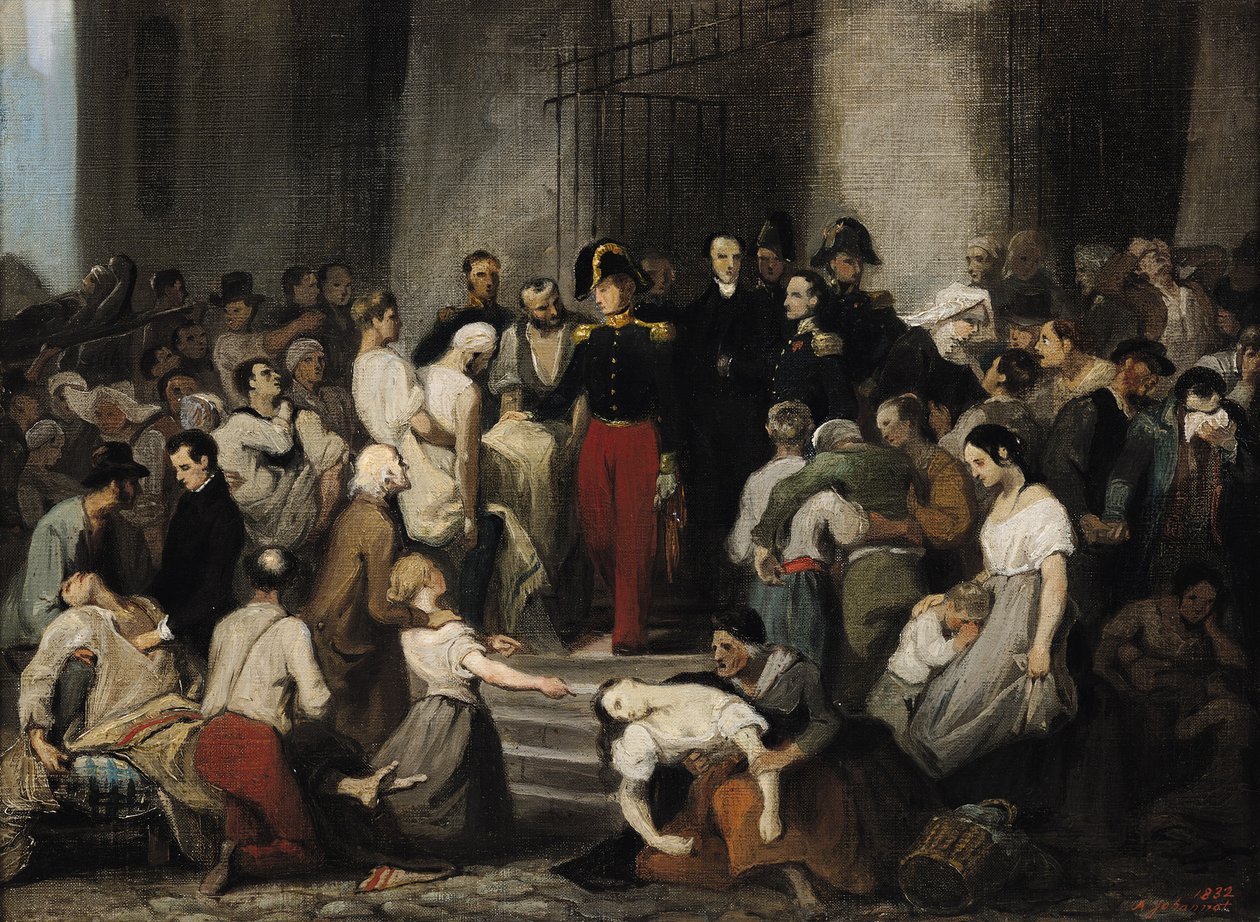 دوق أورليانز يزور المرضى في l&39;Hotel-Dieu خلال وباء الكوليرا في عام 1832 بواسطة ألفريد جوهانو