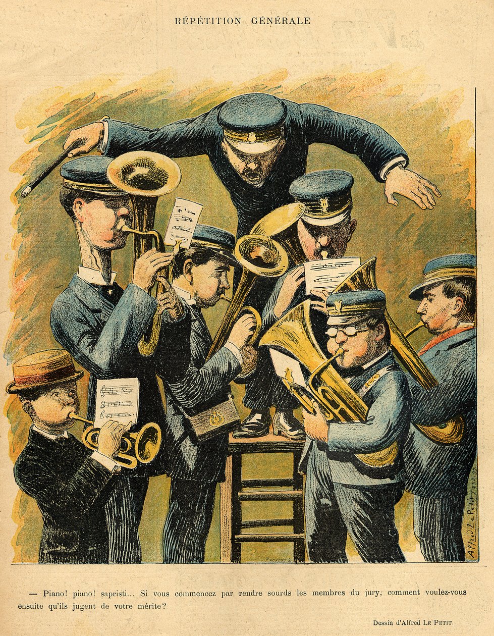 بروفة الفرقة ، من الغلاف الخلفي لـ "Le Rire" ، 16 أبريل 1898 بواسطة ألفريد لو بيتيت