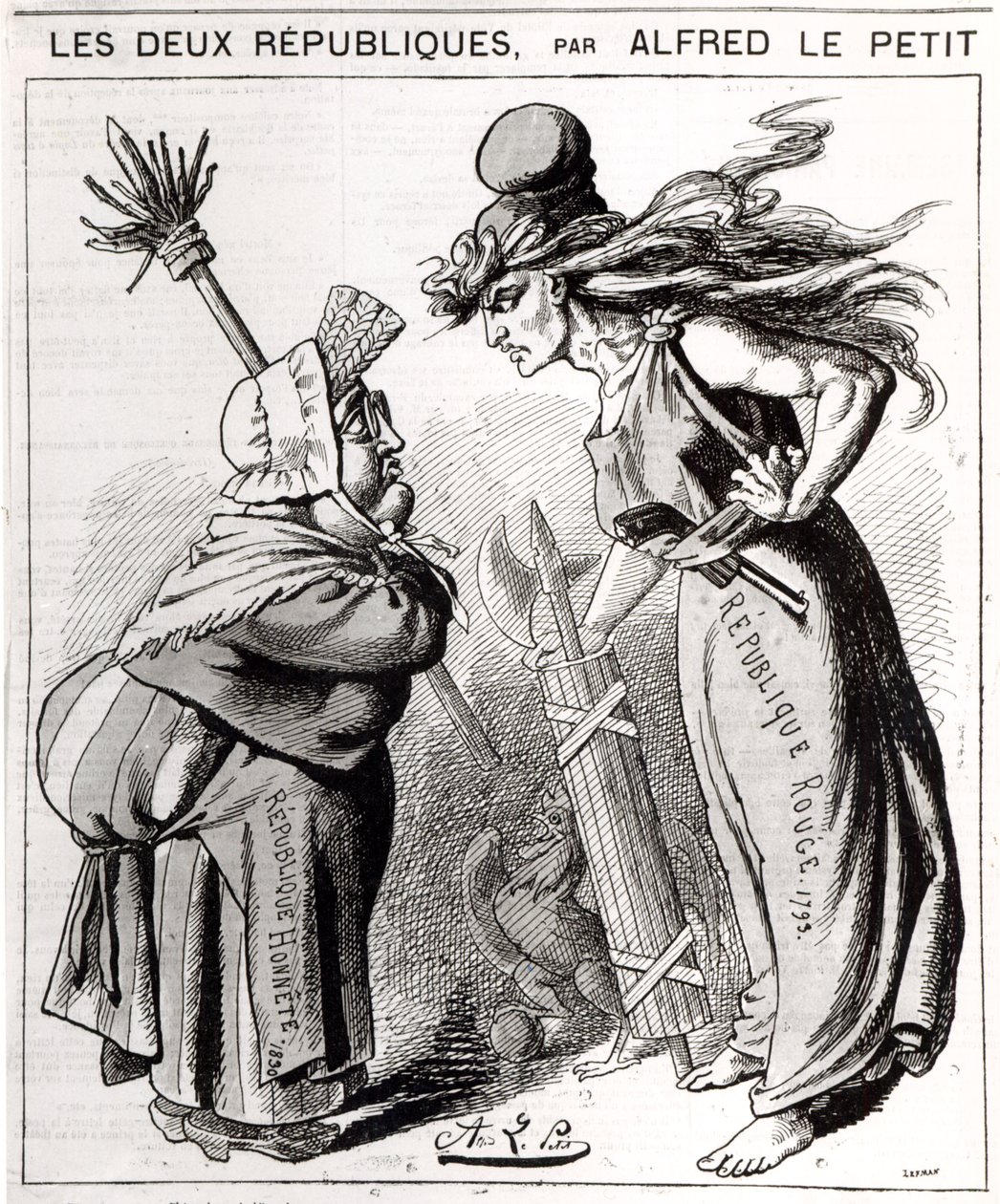 رسم كاريكاتوري يصور الجمهورية الفرنسية الاجتماعية ضد الجمهورية الفرنسية المحافظة من `` Le Grelot &39;&39; ، 1872 بواسطة ألفريد لو بيتيت