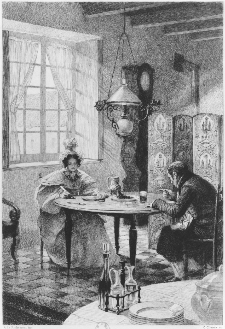 إيما وتشارلز بوفاري ، رسم توضيحي من "مدام بوفاري" للمؤلف غوستاف فلوبير (1821-1880) منقوش بواسطة كارلو تشيسا (1855-1925) 1905 بواسطة ألفريد بول ماري ريتشمونت