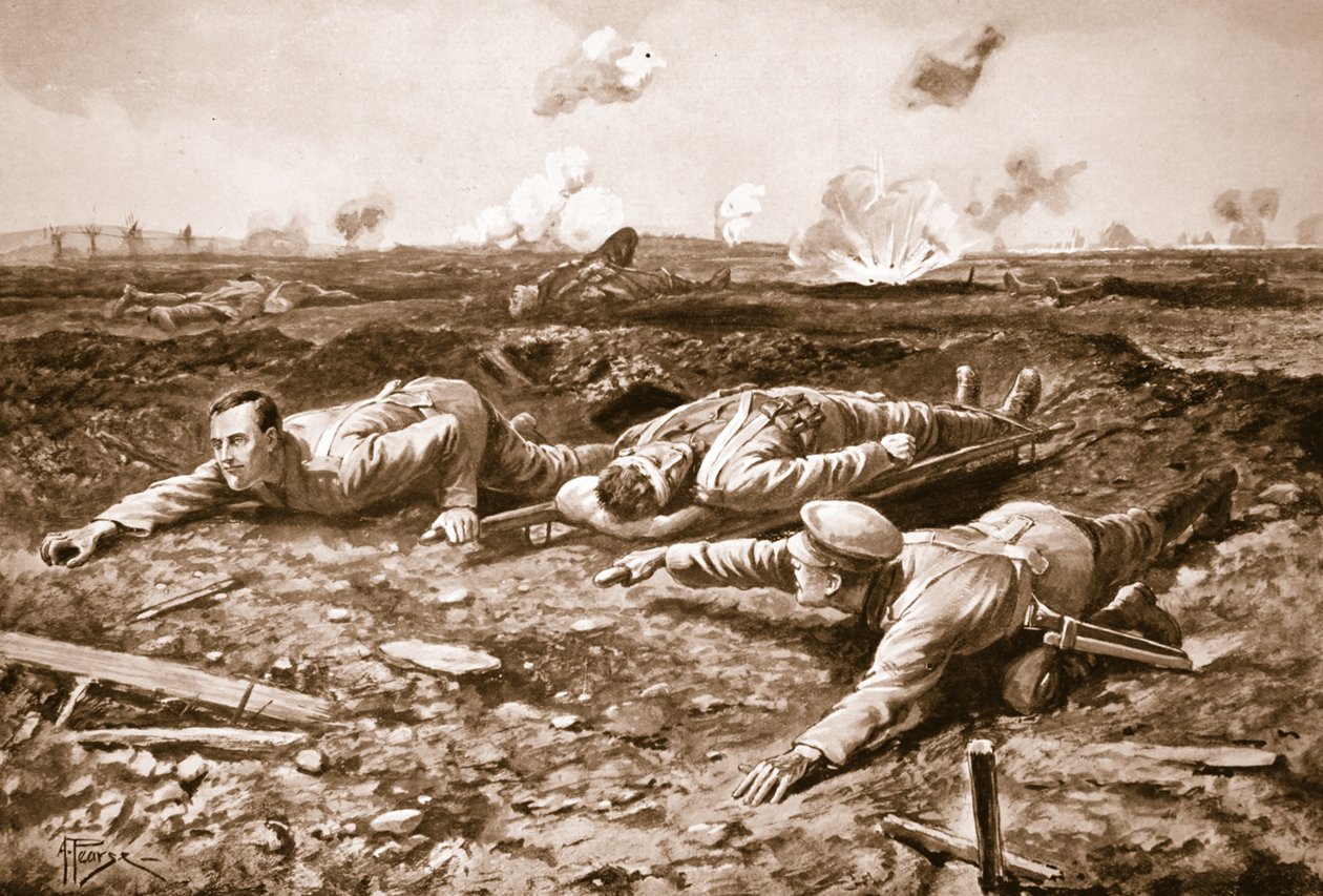 العريف براون و Lance-Corporal Dobson يسحبان جريحًا عبر الفتحة إلى الخطوط البريطانية تحت النيران بواسطة ألفريد بيرس