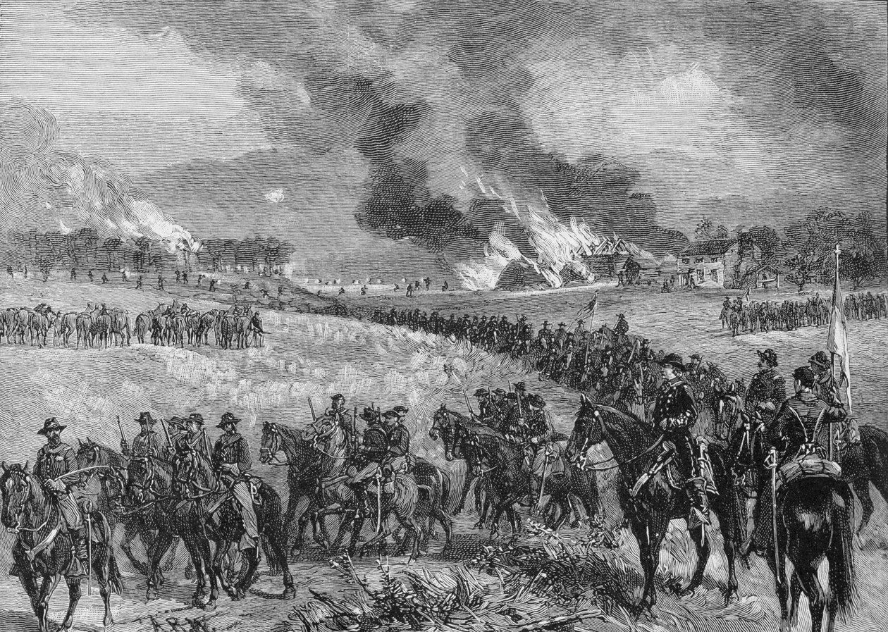 الحارس الخلفي: اعتزال فرقة الجنرال كستر من جبل جاكسون ، 7 أكتوبر 1864 ، صورة توضيحية من "المعارك وقادة الحرب الأهلية" ، حرره روبرت أندروود جونسون وكلارنس كلوج بواسطة ألفريد رودولف واود