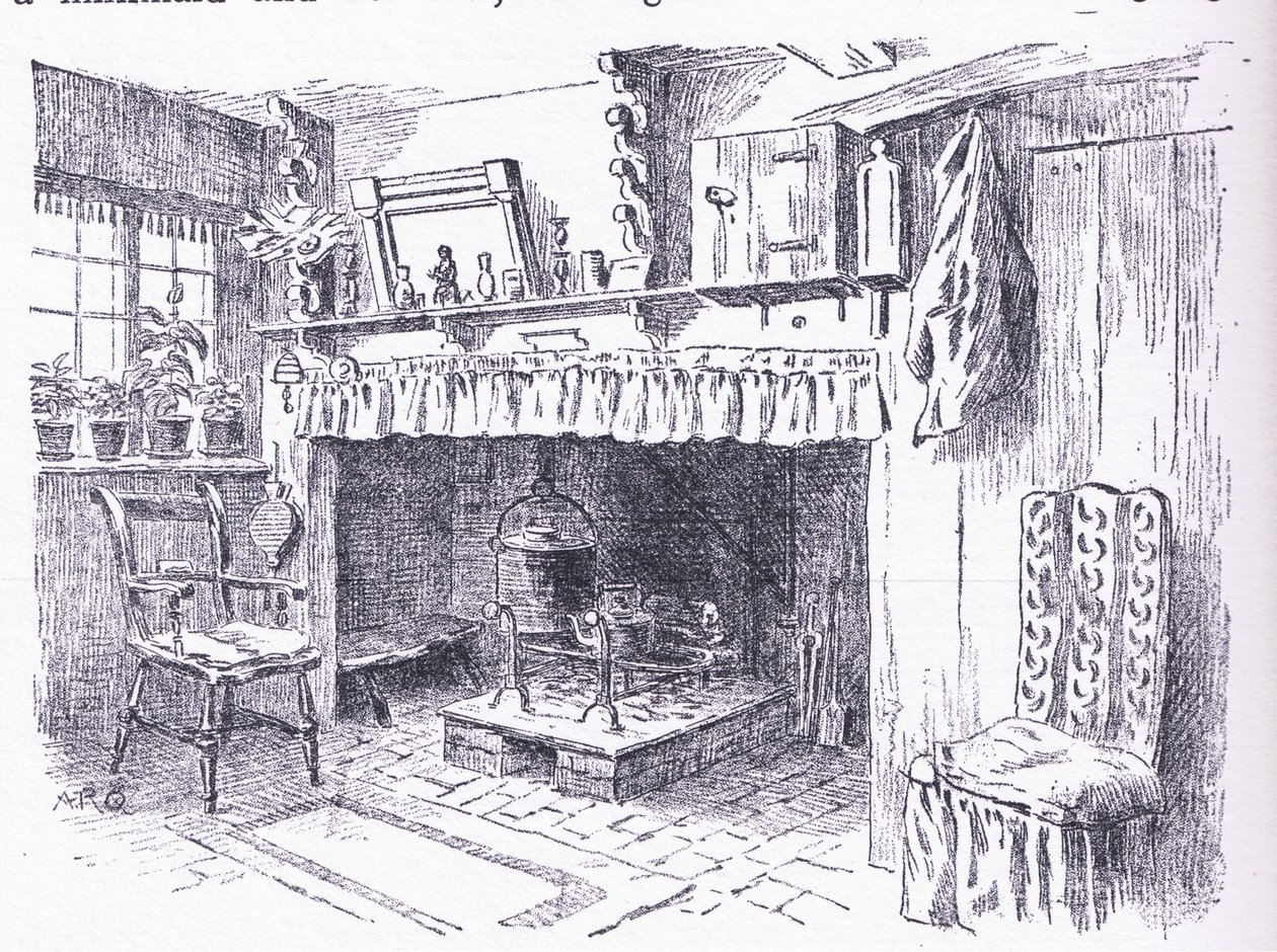 الجزء الداخلي من كوخ سوري ، من الأكواخ و Village Village of Rural England نشرته شركة Dent & Sons Limited ، 1912 بواسطة ألفريد روبرت كوينتون