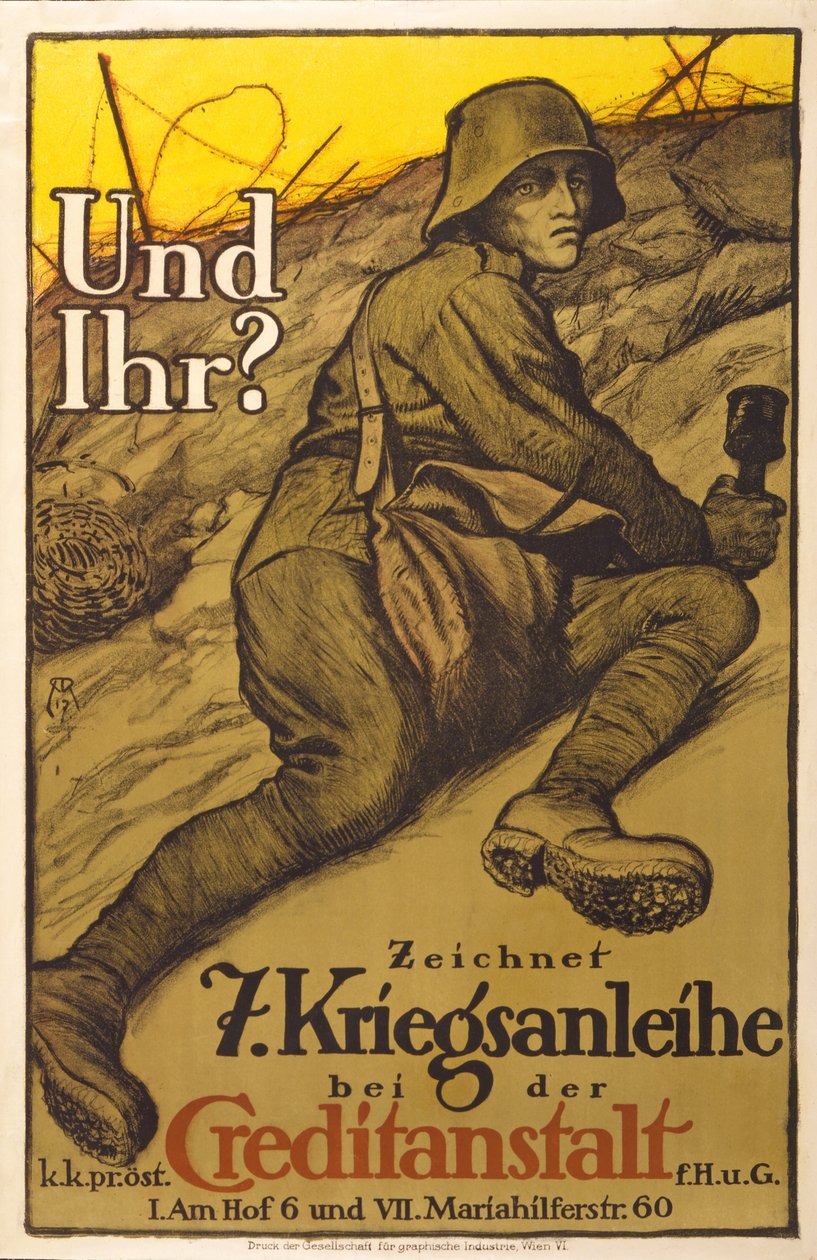 ملصق نمساوي لجمع التبرعات ، "وأنت تسحب قرض الحرب السابع في حانة Creditanstalt". فيينا ، ج .1717 بواسطة ألفريد رولر