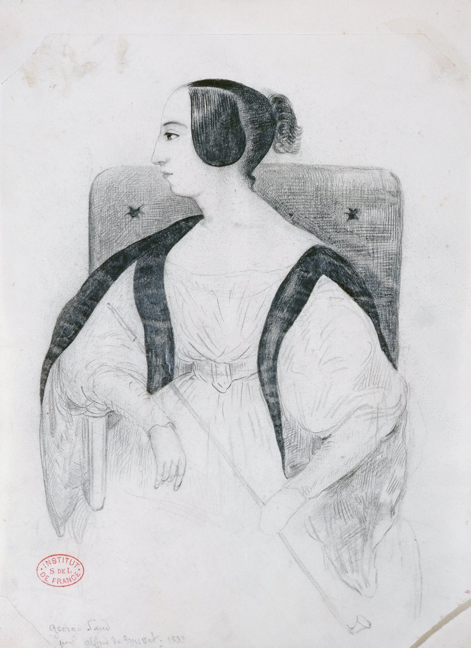 جورج ساند (1804-76) جالسًا على كرسي بذراعين ، 1833 بواسطة ألفريد دي موسيت