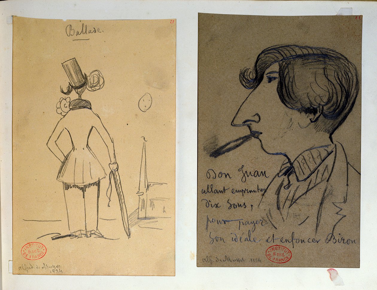 صورتان ، "Ballade" (القمر مثل النقطة على الأنا): Alfred de Musset (1810-57) من الخلف (اليمين) ، "Don Juan ...": Musset smoking (يسار) ، 1834 بواسطة ألفريد دي موسيت