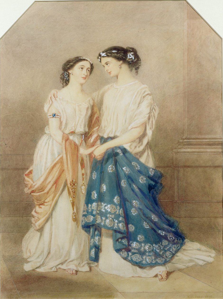 مشهد من إنتاج عام 1848 لـ "أنتيجون" في مسرح سانت جيمس مع Mlle. بابتيست مثل Ismeme و Mme. Pechter مثل Antigone ، 1848 بواسطة ألفريد إدوارد شالون