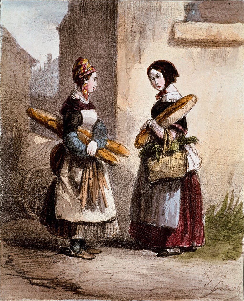 عدادات صغيرة: المخبز. تاجر خبز شاب يمشي. طباعة ألفريد أندريه جينول (1813-1861) من "Les femmes de Paris" 1841-1842 Paris ، Musee Carnavalet بواسطة ألفريد أندريه جينيول