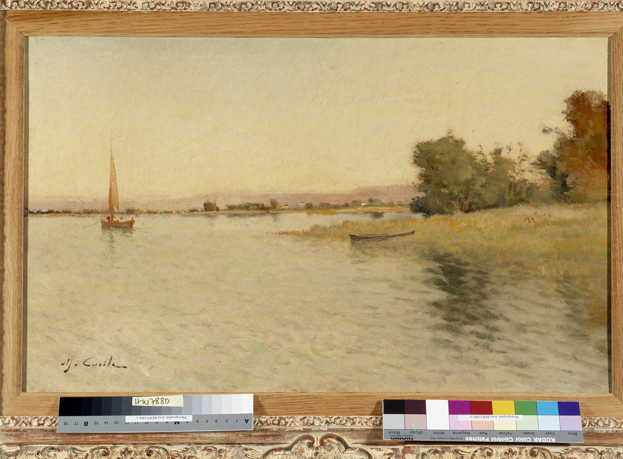 قارب ومراكب شراعية على شاطئ البحيرة رسم لألفريد كاسيل (1848-1909) القرن العشرين إشارة إلزامية: مؤسسة المجموعة بخصوص دي بروفانس ، مرسيليا بواسطة ألفريد كاسيل
