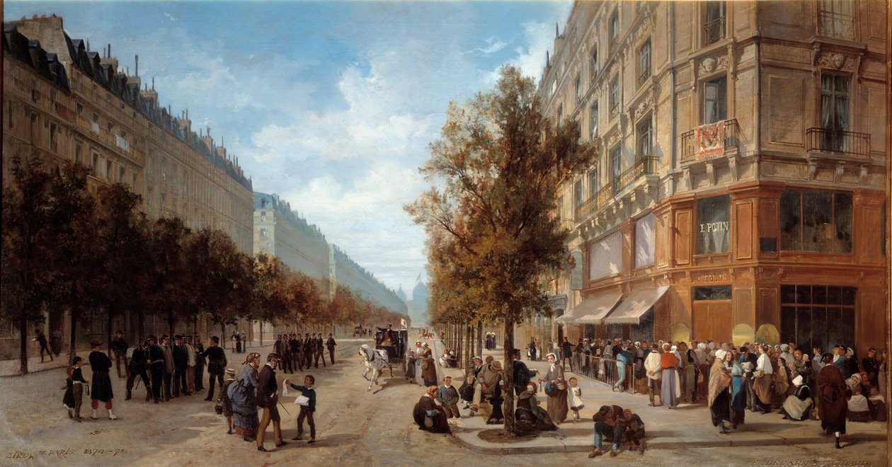 Paris headquarters: “” Queue at the door of a grocery store (Felix Potin) at the corner of Rue Reaumur and Boulevard Sebastopol in November 1870”” Painting by Alfred Decaen (1820-1893) 1870 Dim. 1x0,7 m Paris, Musee Carnavalet بواسطة ألفريد تشارلز فرديناند ديكان