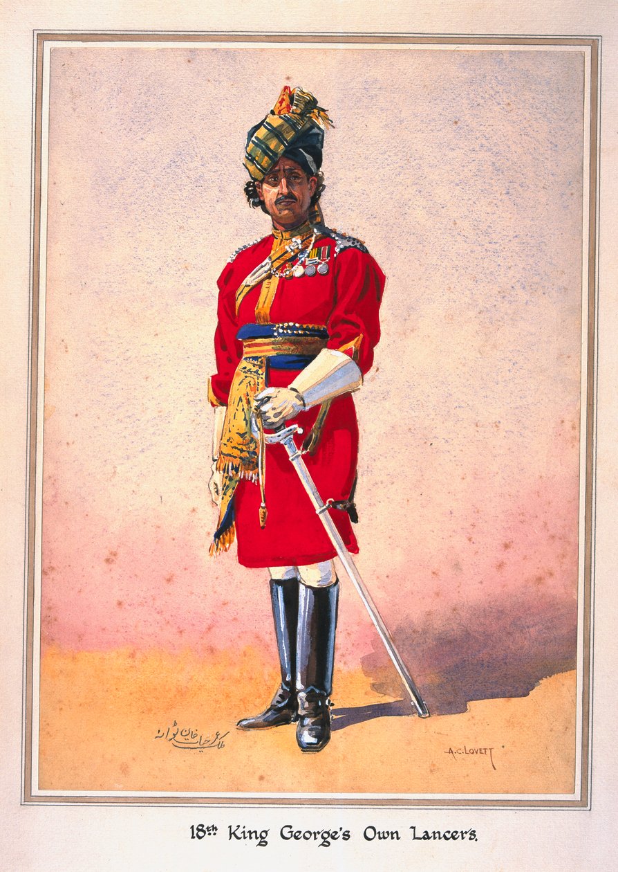 الملازم الفخري هون مالك عمر حياة خان ، CIE ، Tiwana of Ahahpur (Punjabi Musalman) رسم توضيحي لـ "جيوش الهند" للرائد GF MacMunn ، نُشر عام 1911 ، 1910 بواسطة ألفريد كرودي لوفيت
