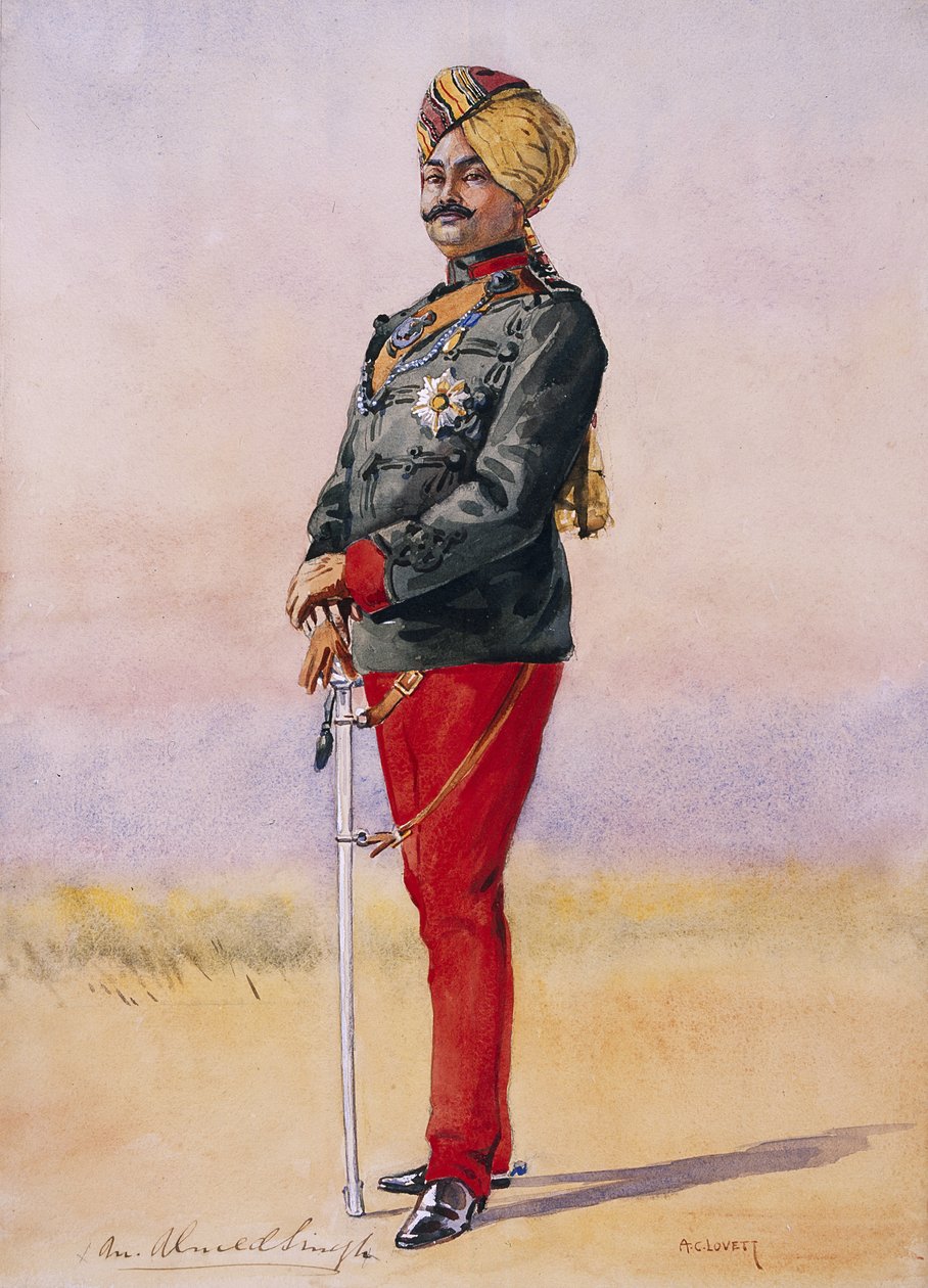 الرائد الفخري سمو السير أوميد سينغ بهادور ، مهاراو من كوتا ، رسم توضيحي لـ "جيوش الهند" للرائد جي إف ماكمون ، نُشر عام 1911 ، 1908 بواسطة ألفريد كرودي لوفيت