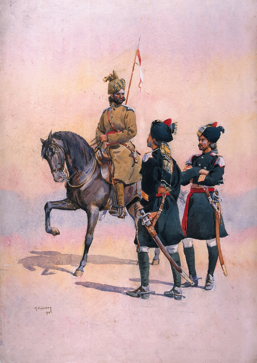 جندي من لانسر 37 (Baluch Horse) Baluch و 36th Jacob&39;s Horse Pathan و 35th Scinde Horse ، Kot Daffadar Baluch ، رسم توضيحي لـ "جيوش الهند" للرائد GF MacMunn ، نُشر في بواسطة ألفريد كرودي لوفيت