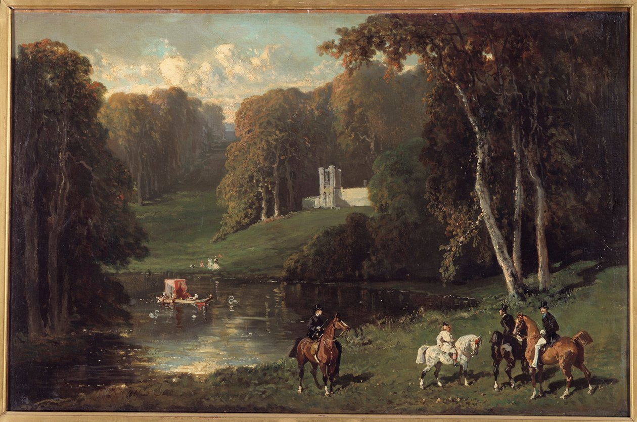 الفرسان والأمازون على ضفاف بحيرة رسم لألفريد دي درو (1810-1860) شمس القرن التاسع عشر. 0،43x0،65 م بواسطة ألفريد ديدرو