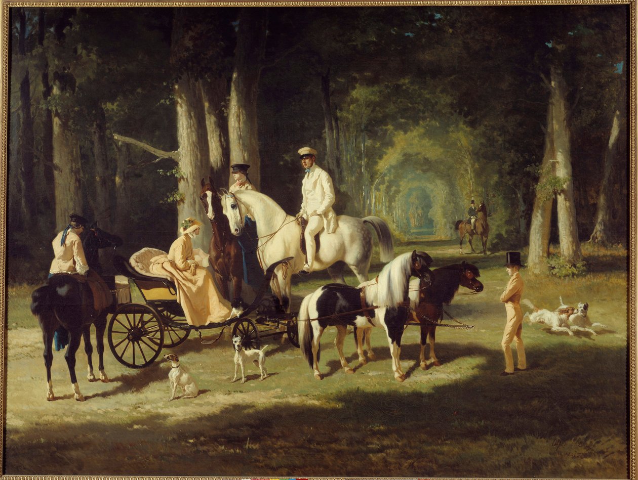 السيد والسيدة أ. موسلمان وابنتيهما يسيران عبر الغابة على ظهور الخيل. رسم ألفريد دي درو (1810-1860) 1848 صن. 2x2.65 م باريس ، متحف بيتيت باليه بواسطة ألفريد ديدرو