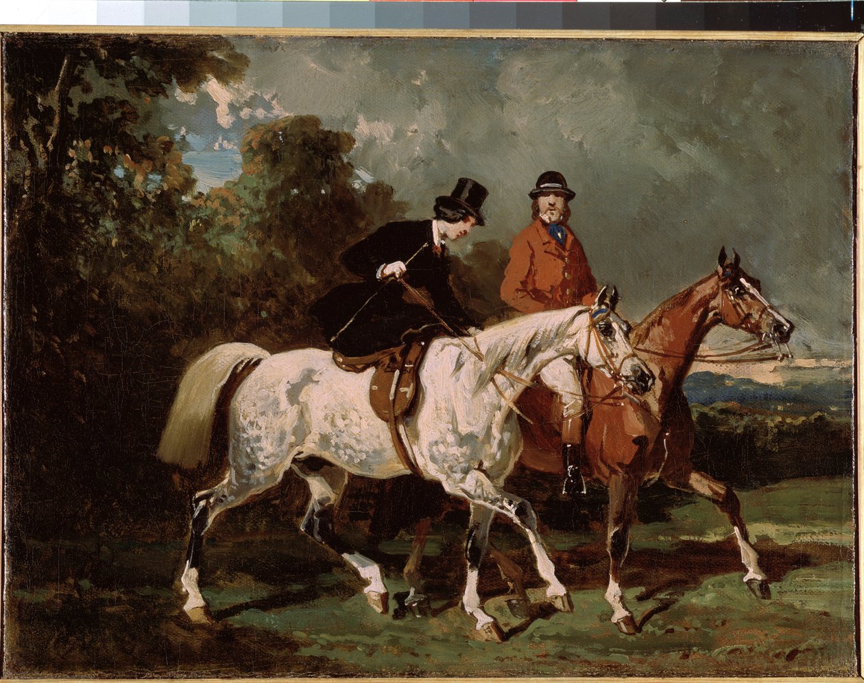 "" ركوب الخيل "(ركوب) المرأة تركب سرجًا جانبيًا. لوحة للفريد دي درو (1810-1860) 1840-1855 قاتمة 24x32 سم سانت بطرسبرغ ، متحف المحبسة بواسطة ألفريد ديدرو