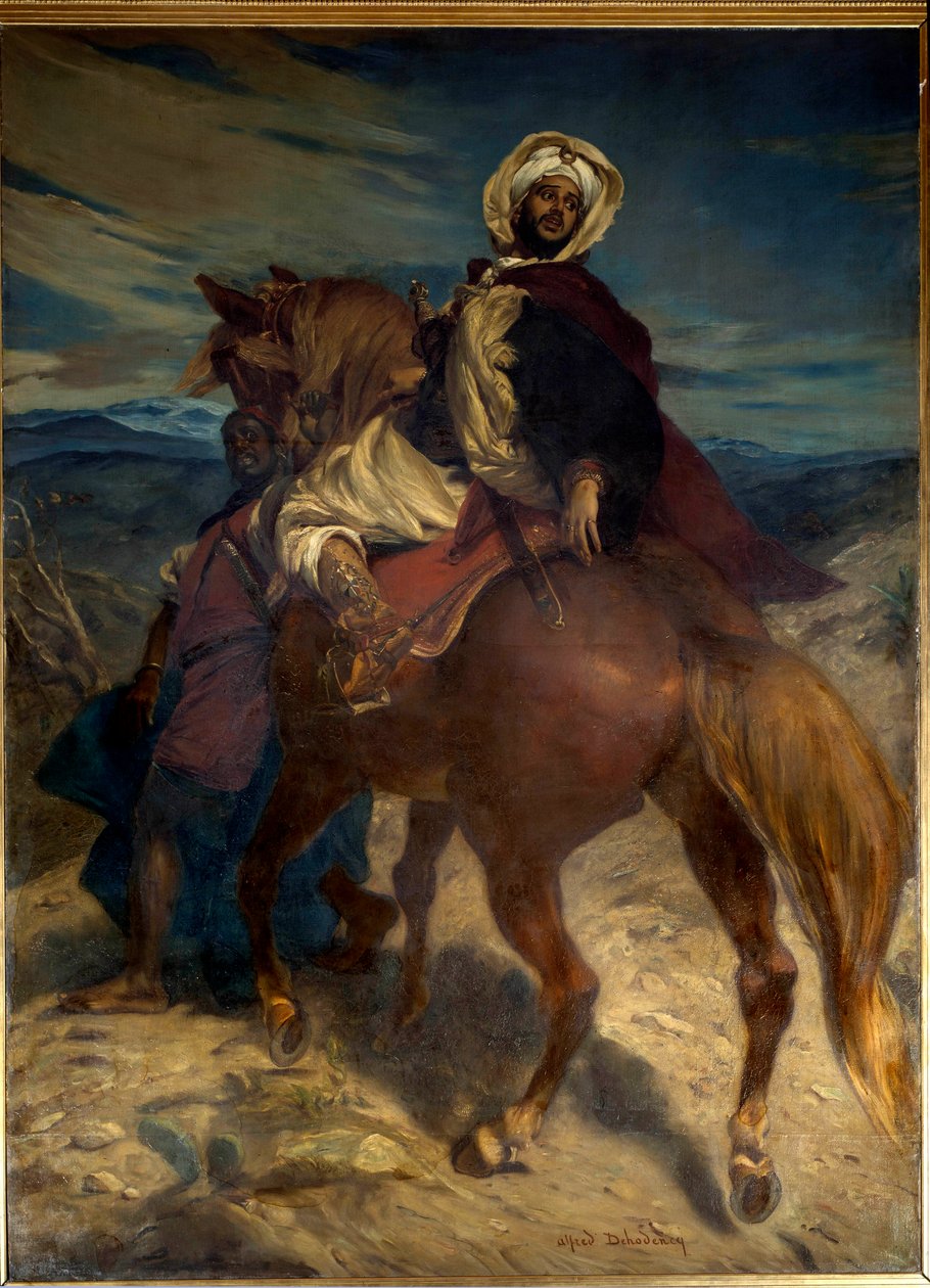 Reconquista: "" وداع الملك بوابديل لغرناطة "سلم الملك بعبديل (أبو عبد الله) مفاتيح المدينة للحكام الإسبان في 2/1/1492 م. لوحة للفريد ديودنك (1822-1882) القرن التاسع عشر. خافت. 3،7x2،7 م. باريس ، متحف أورسيه بواسطة ألفريد دهودنسك