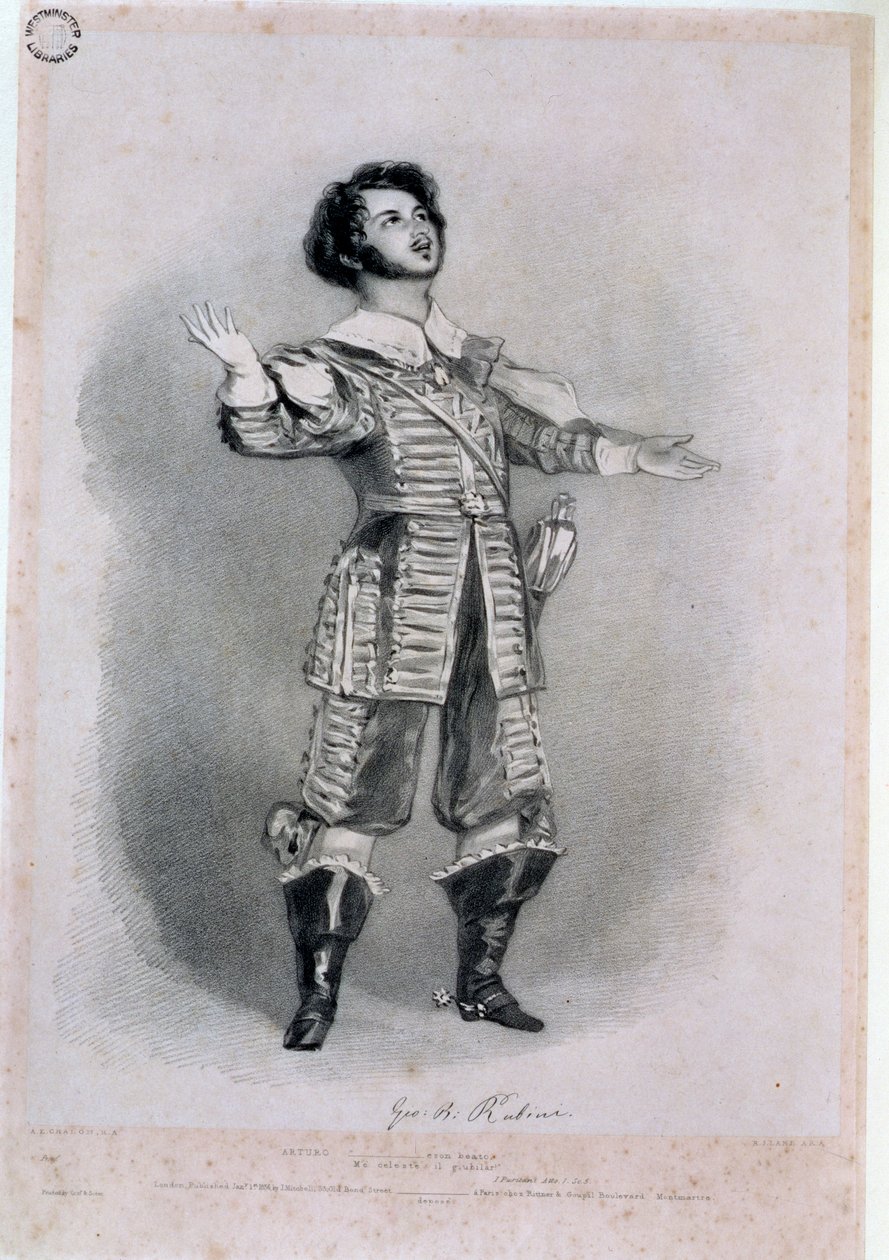 جيوفاني باتيستا روبيني (1794-1854) مثل أرتورو في "أنا بيوريتاني" ، نسخة إثبات من "ذكريات الأوبرا الإيطالية" ، نقشها ريتشارد جيمس لين (1800-72) ، 1836 (انظر 123979 للون) بواسطة ألفريد إدوارد شالون