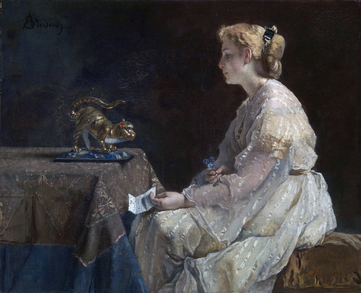"الحاضر" امرأة شابة تكتشف تمثالًا صغيرًا لقطّة - لوحة للفريد ستيفنز (1823-1906) حوالي 1870 معرض لندن الوطني بواسطة ألفريد إميل ستيفنز