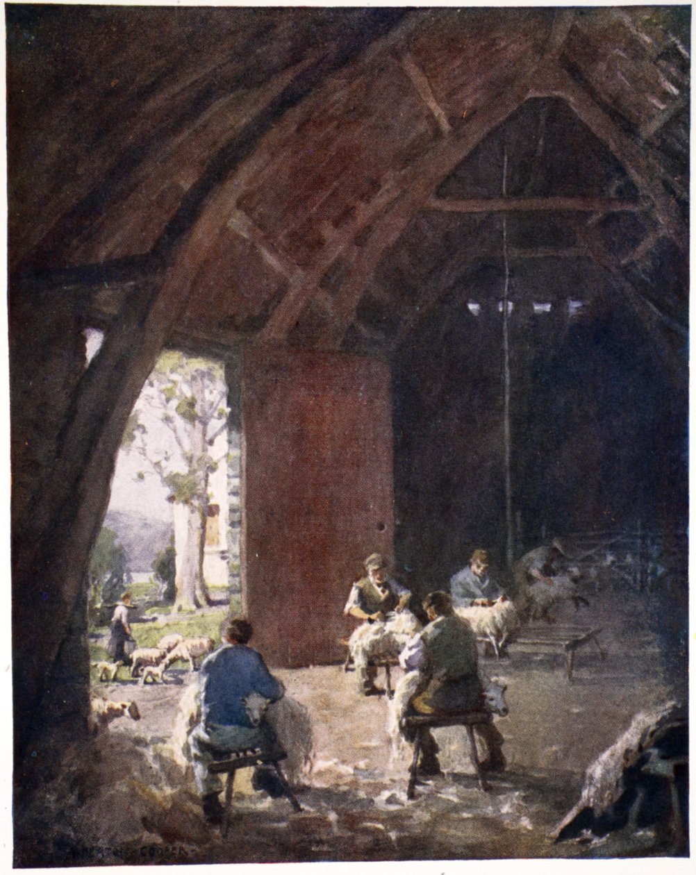 رعي الأغنام ، Esthwaite Hall Farm ، من مجموعة من المطبوعات من الألوان المائية الأصلية ، c.1920 بواسطة ألفريد هيتون كوبر