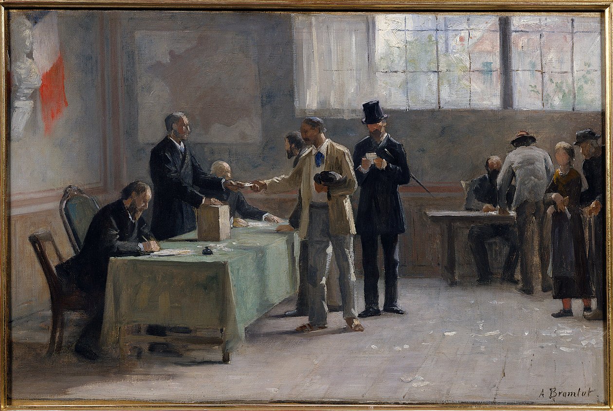 الاقتراع العام: مركز اقتراع عام 1889. رسم تخطيطي لألفريد برامتوت (1852-1894) 1889 بواسطة ألفريد هنري براموت