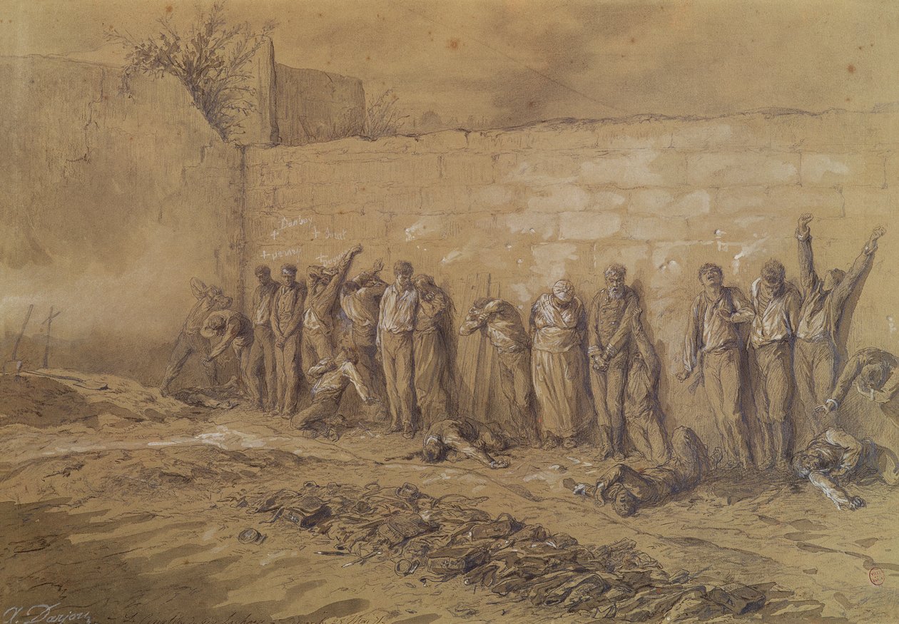 الإعدام في "Mur des Federes" ، مقبرة Pere-Lachaise ، 28 مايو 1871 (طباشير أسمر وغسول مع غواش أبيض على ورق بني داكن) بواسطة ألفريد هنري دارجو